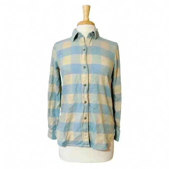 Faherty Women's Blue & Brown Plaid Button Up Shirt Organic Cotton Extra Small XS - Picture 1 of 12